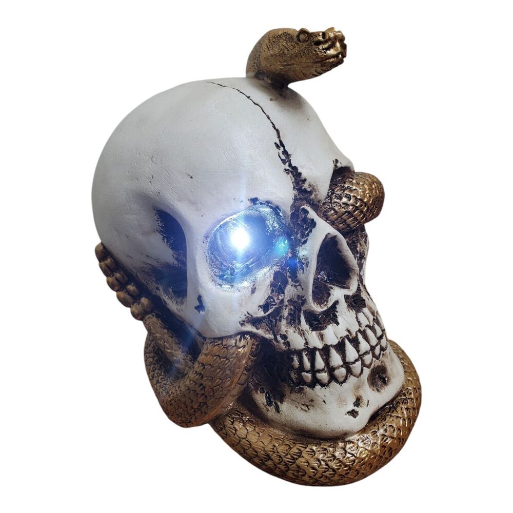 Ceramic Skull Winding Snake Decor Light Up Halloween Figure Skeleton Head NWT